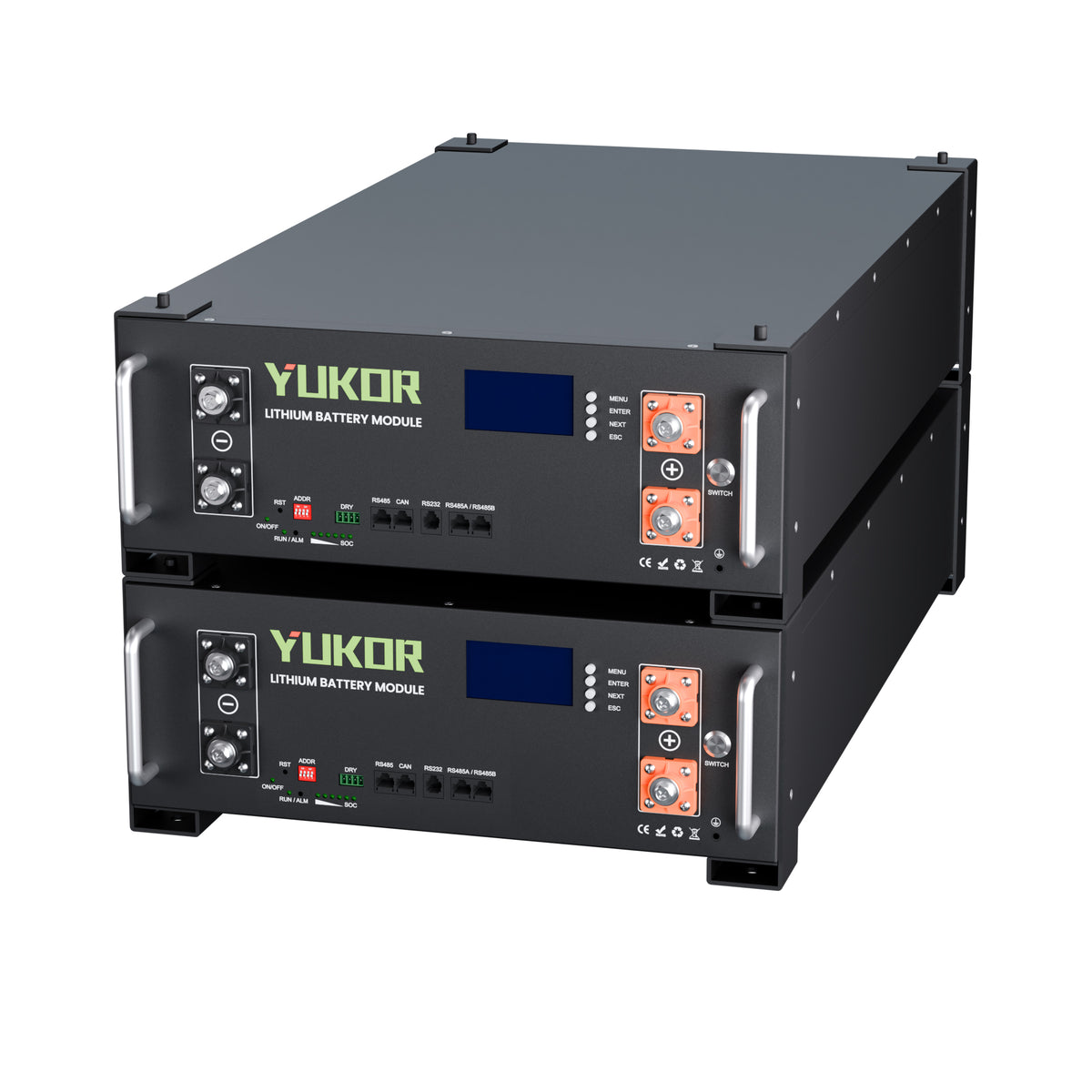 Two black YUKOR rack mounted battery modules