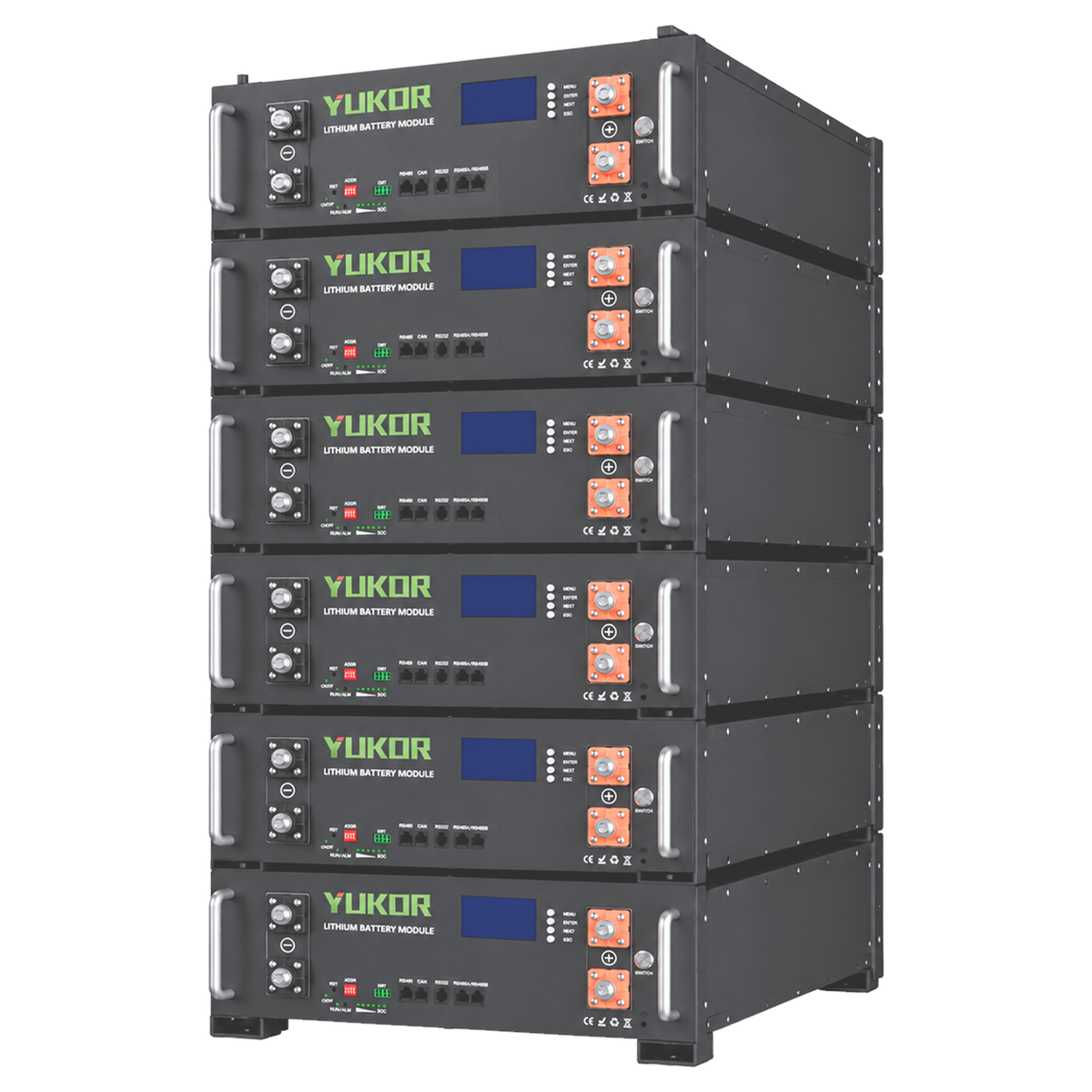 Stack of black YUKOR rack mounted battery modules