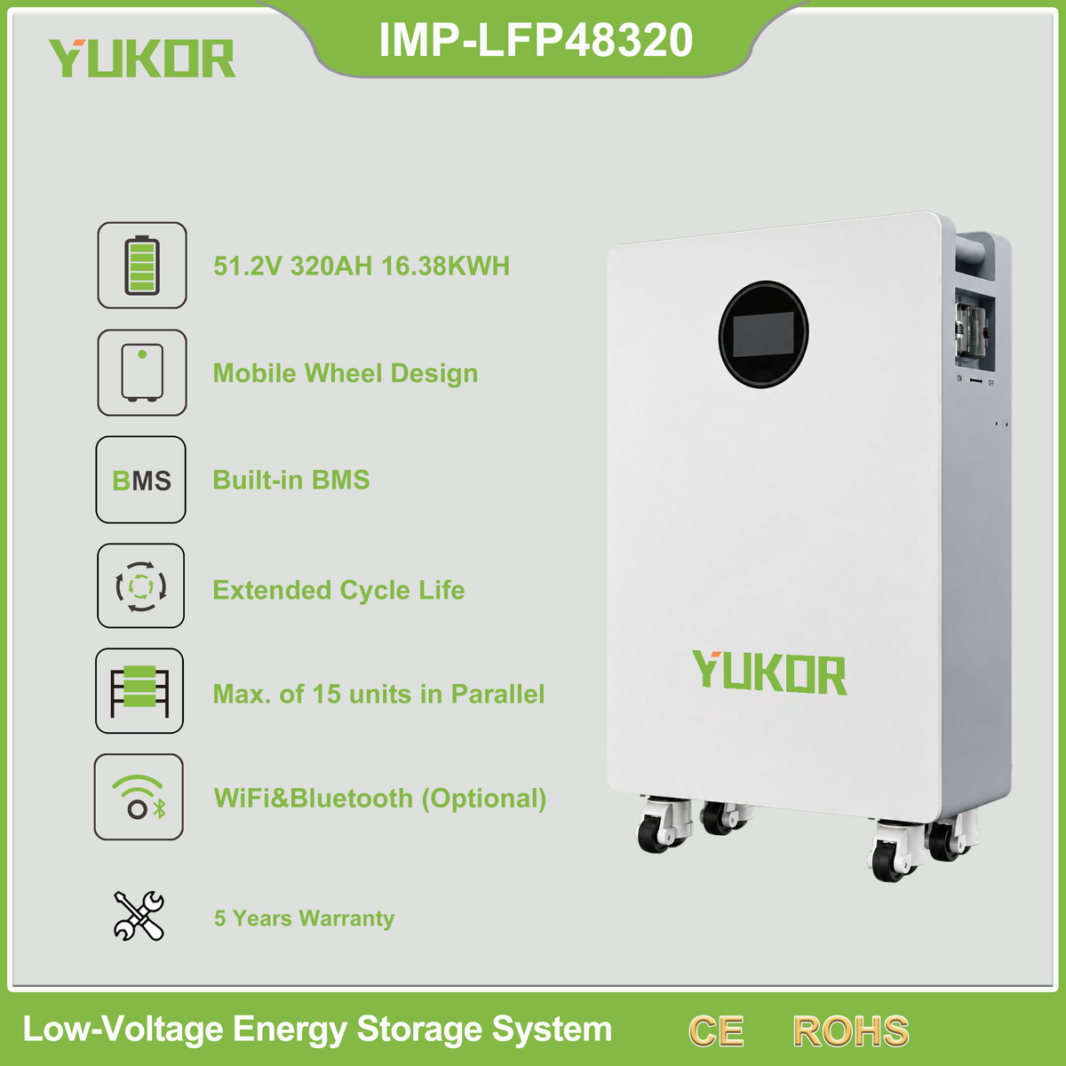 YUKOR IMP-LFP48320 wheeled battery product overview graphic